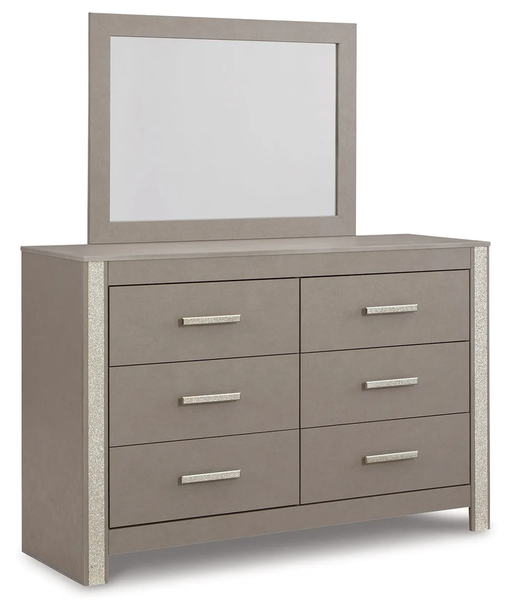 Surancha Queen Poster Bed with Mirrored Dresser and 2 Nightstands in Gray