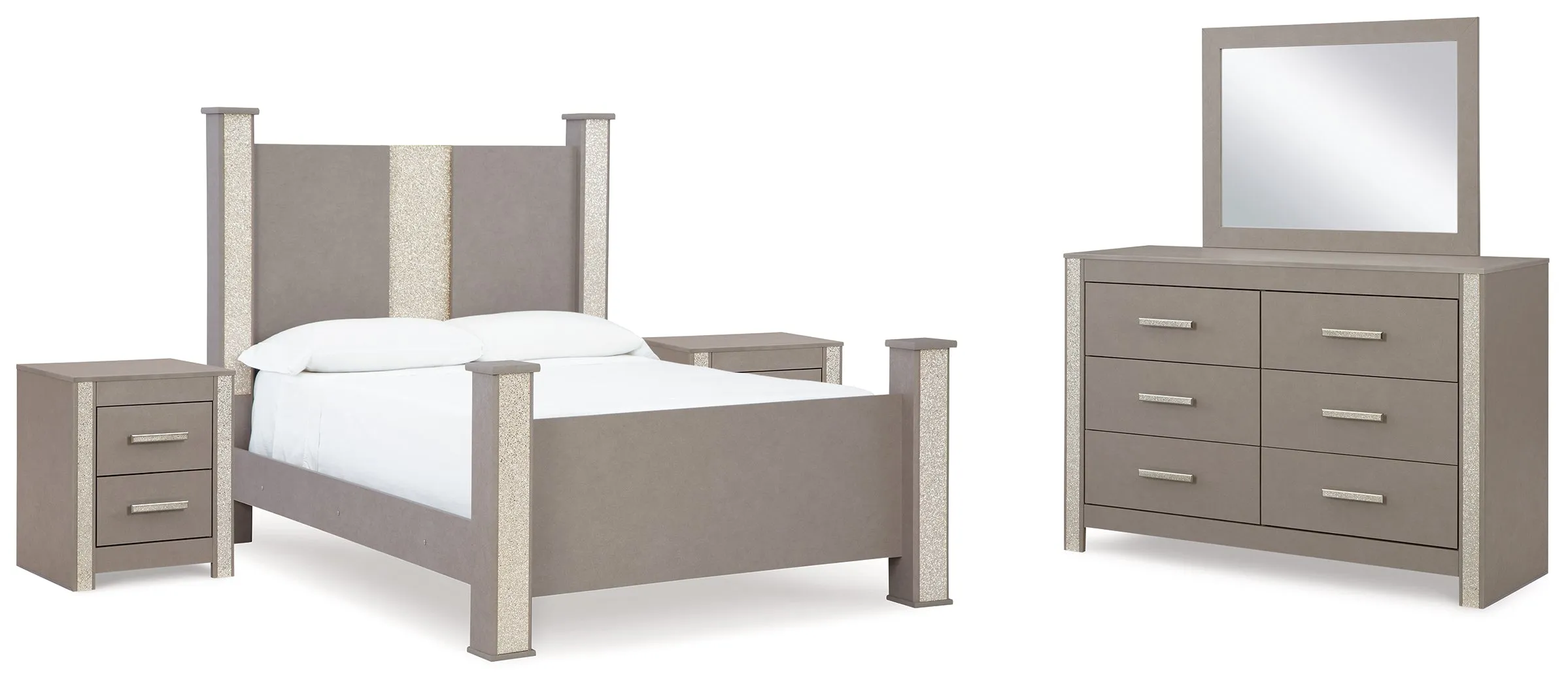 Surancha Queen Poster Bed with Mirrored Dresser and 2 Nightstands in Gray