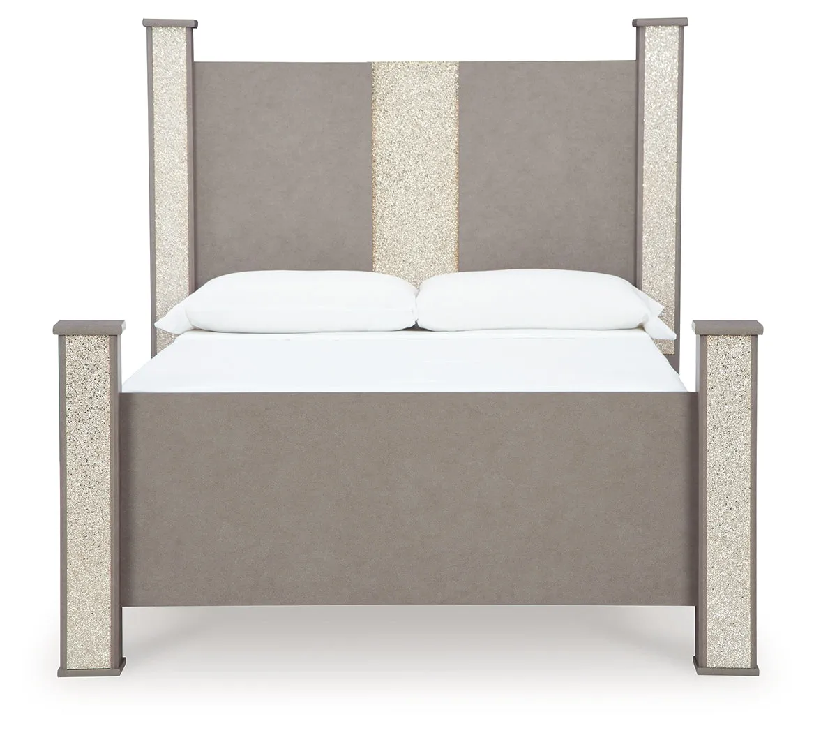 Surancha Queen Poster Bed with Mirrored Dresser and 2 Nightstands in Gray