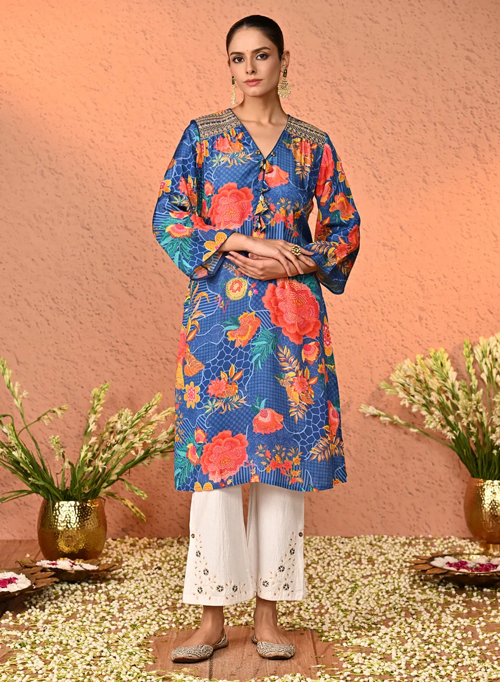 Syrah Cream Embroidered Relaxed Fit Pants for Women