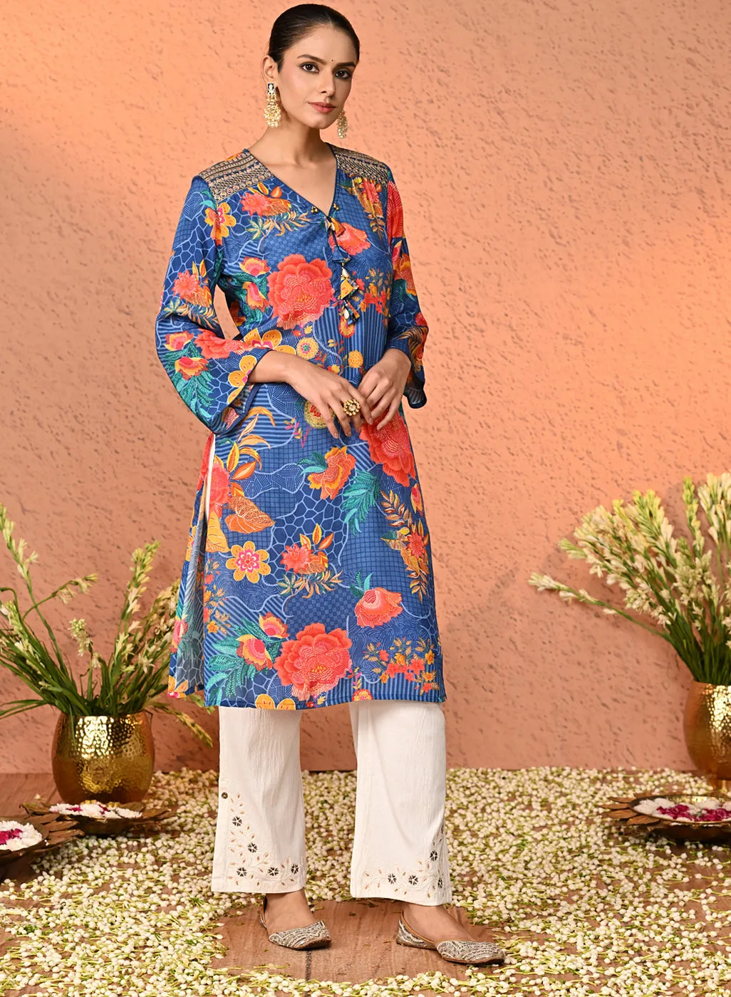 Syrah Cream Embroidered Relaxed Fit Pants for Women