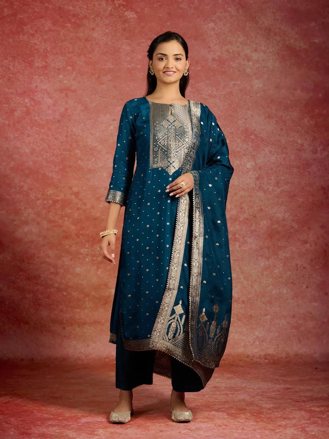Teal Woven Design Silk Straight Suit With Dupatta