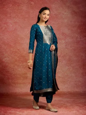 Teal Woven Design Silk Straight Suit With Dupatta