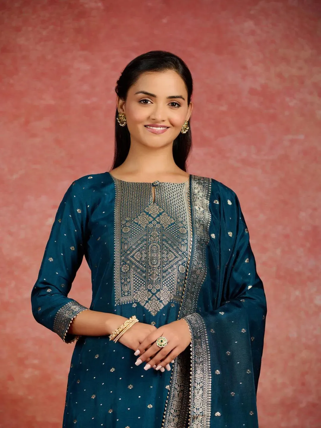 Teal Woven Design Silk Straight Suit With Dupatta