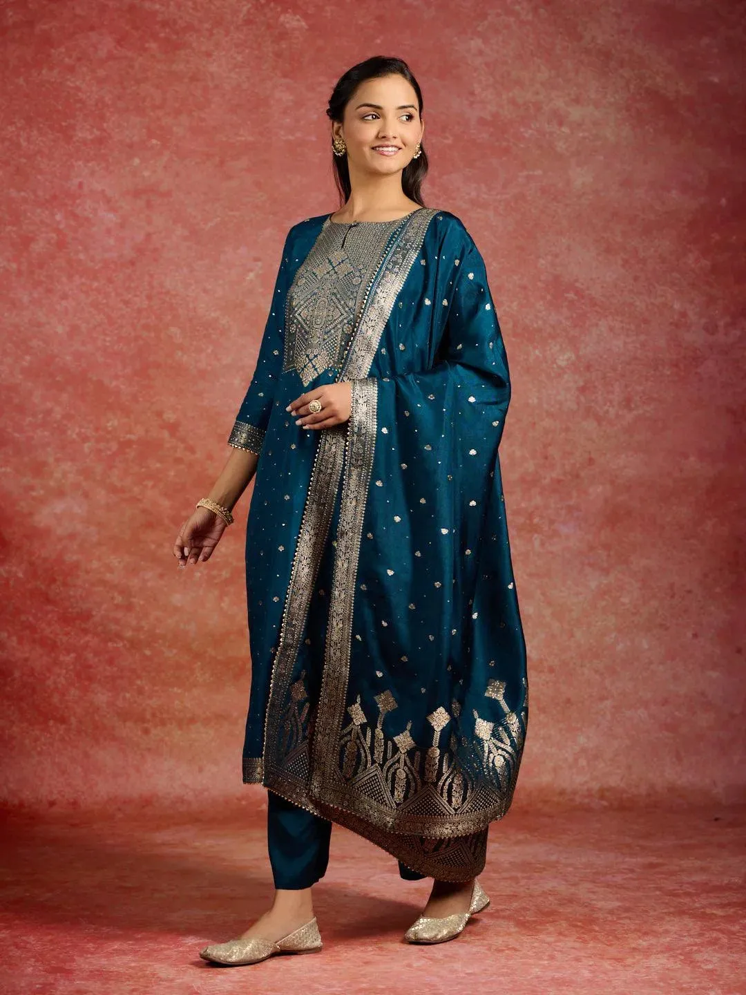 Teal Woven Design Silk Straight Suit With Dupatta