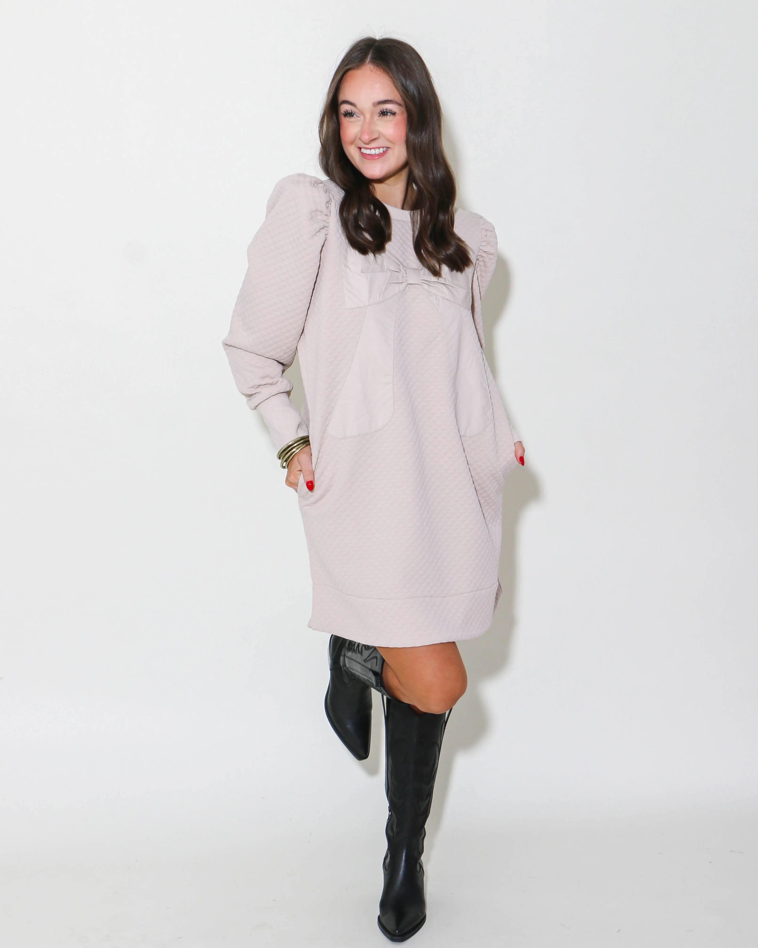 Textured Bow Embroidery Dress in Beige