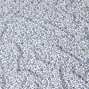 White premium pure linen fabric with blue print in fancy design-D13965