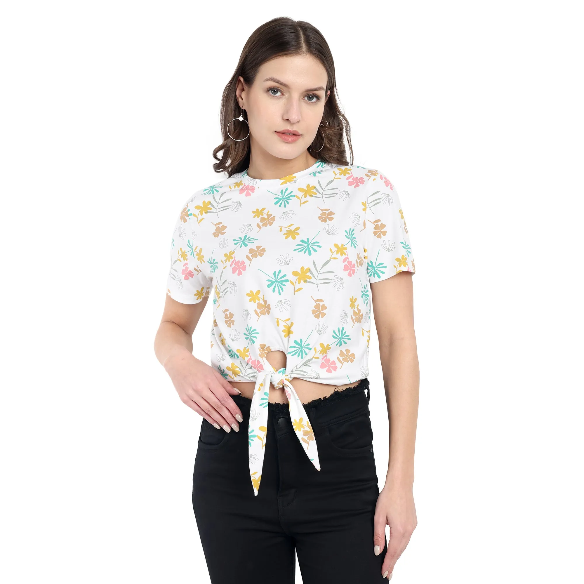 Women White Floral Knotted Crop Top