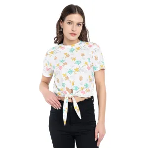 Women White Floral Knotted Crop Top