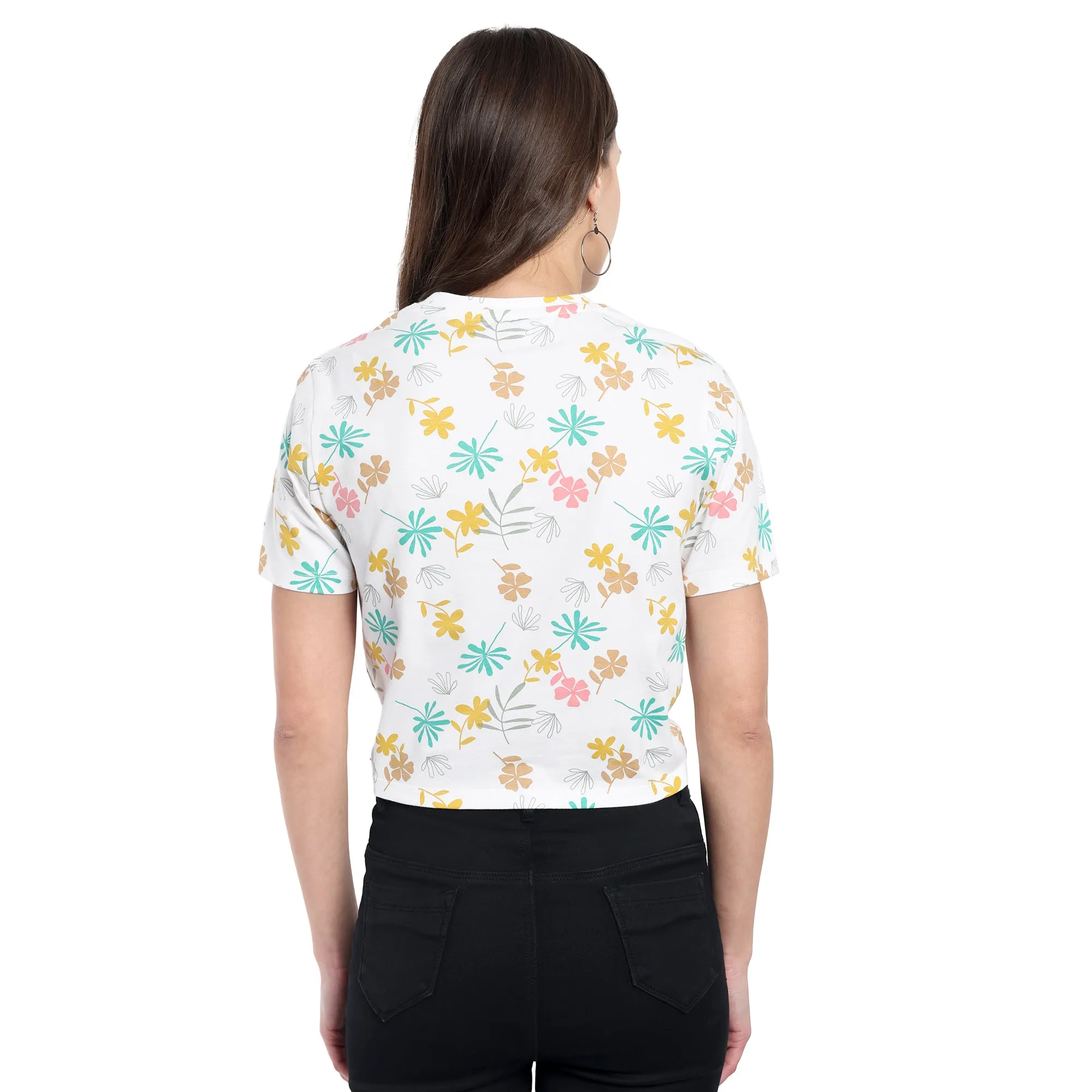 Women White Floral Knotted Crop Top