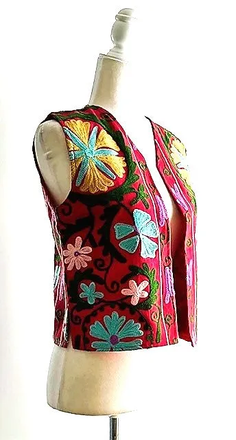 Work of Art! Suzani Hand Embroidered Vest. (Red)