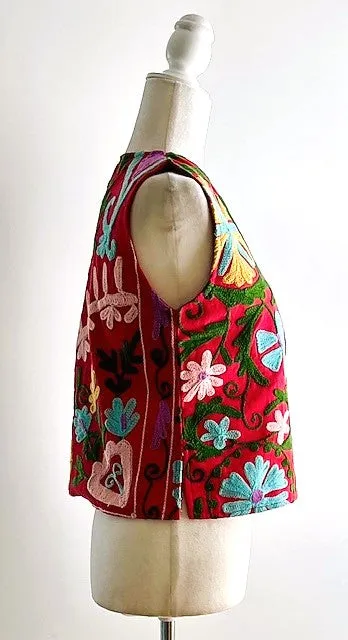 Work of Art! Suzani Hand Embroidered Vest. (Red)