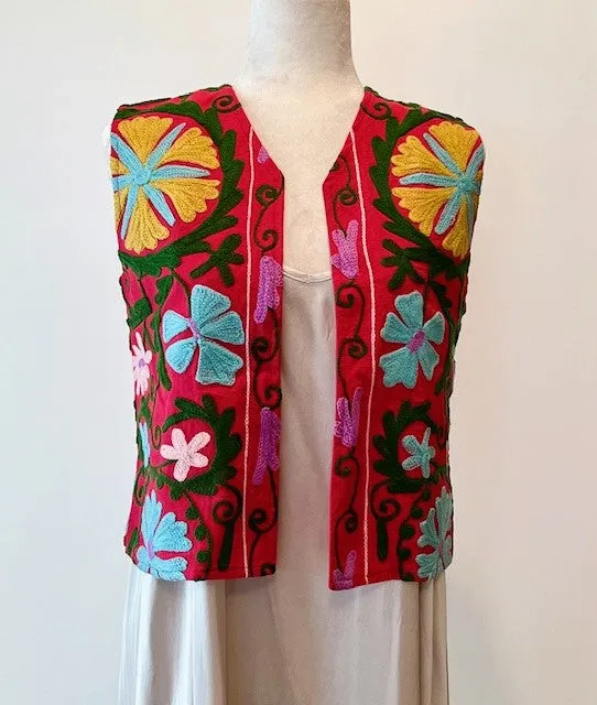 Work of Art! Suzani Hand Embroidered Vest. (Red)