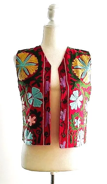 Work of Art! Suzani Hand Embroidered Vest. (Red)