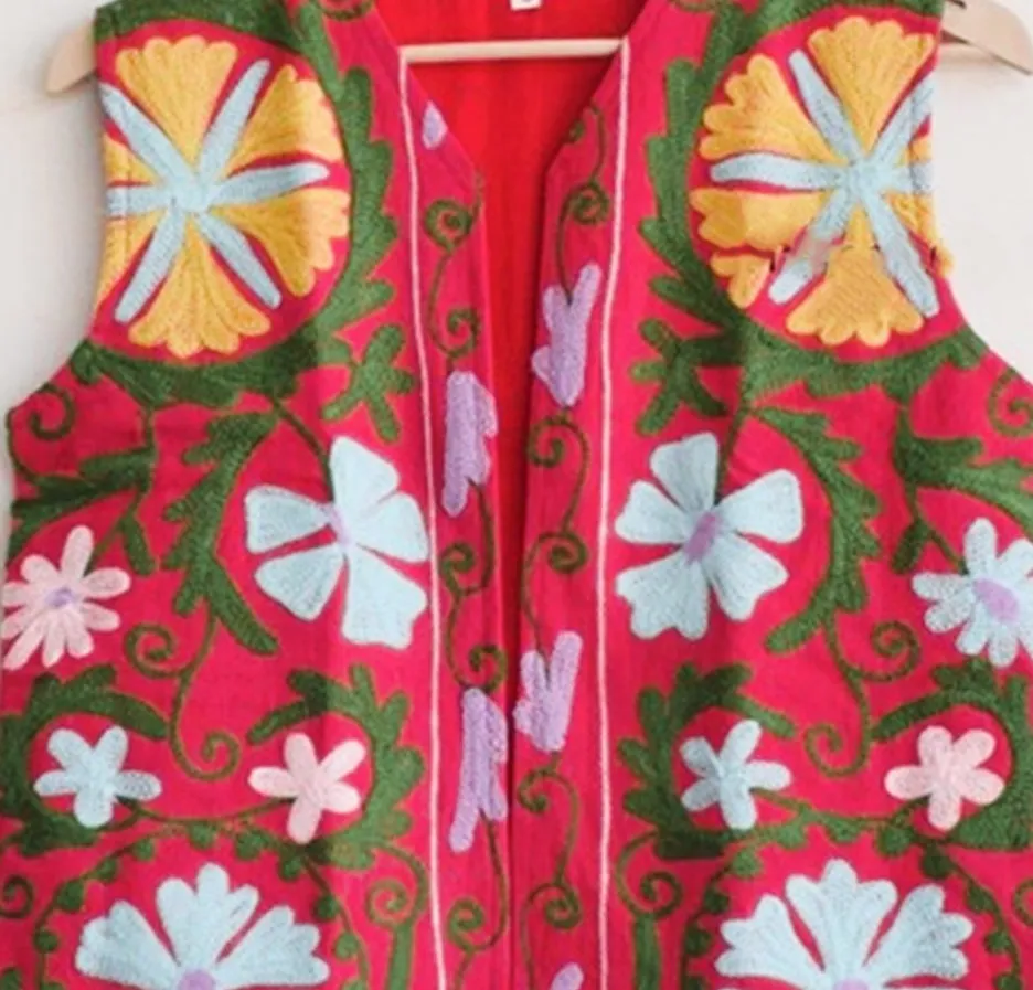 Work of Art! Suzani Hand Embroidered Vest. (Red)