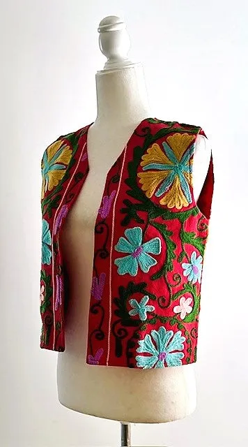 Work of Art! Suzani Hand Embroidered Vest. (Red)