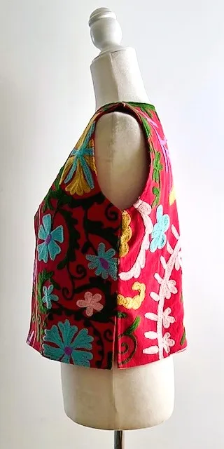 Work of Art! Suzani Hand Embroidered Vest. (Red)