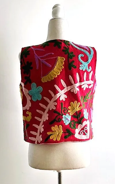 Work of Art! Suzani Hand Embroidered Vest. (Red)