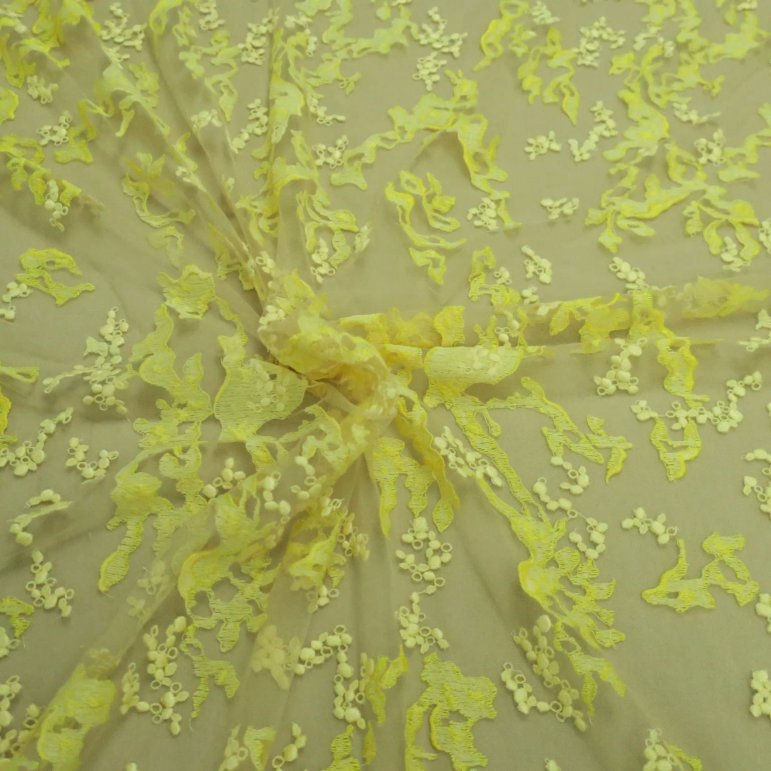 Yellow Abstract Embroidered Tulle Fabric