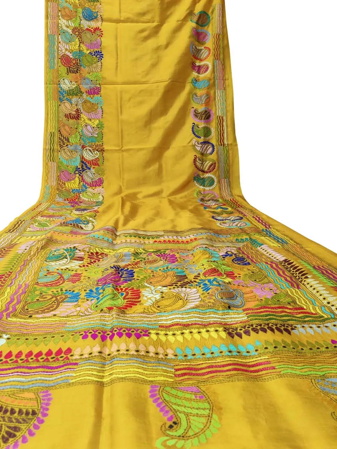 Yellow Kantha Work Bangalore Silk Saree