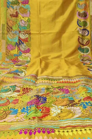 Yellow Kantha Work Bangalore Silk Saree