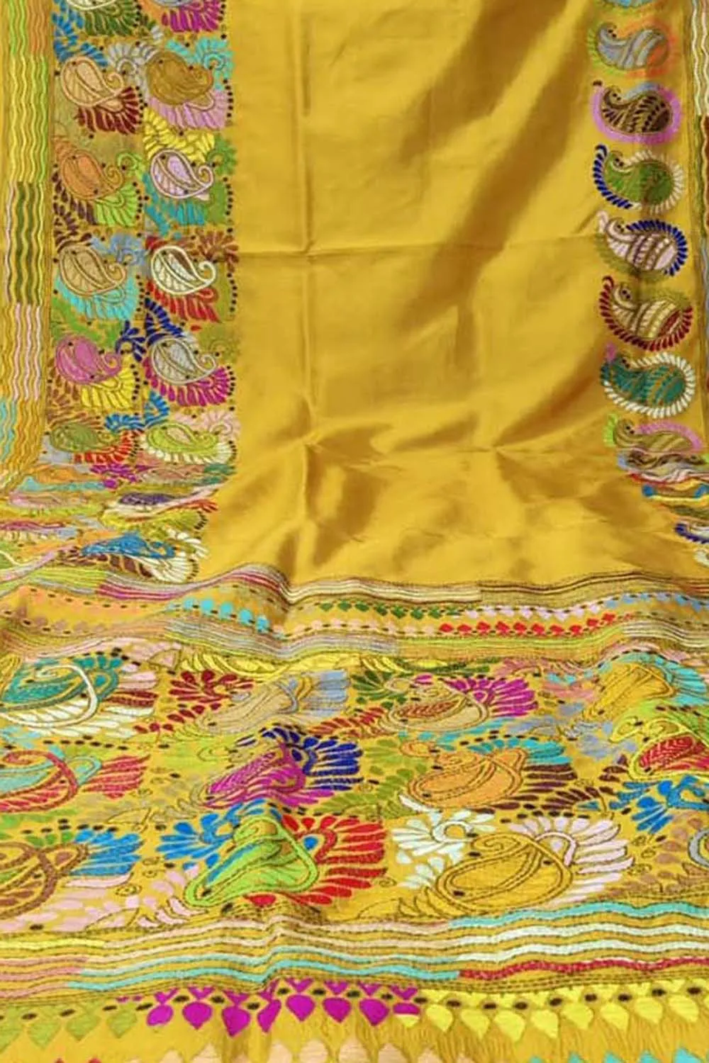 Yellow Kantha Work Bangalore Silk Saree